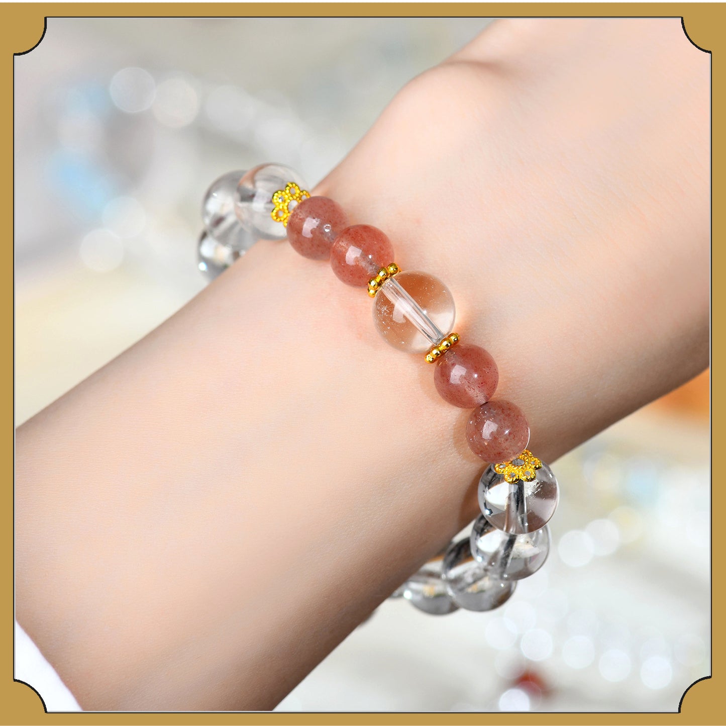 Natural Crystal Energy Bracelet with White Crystal, Obsidian, Strawberry Quartz, and Aquamarine | Spiritual Harmony & Protection