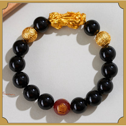 Natural Obsidian Gold Pixiu Zodiac Buddha Bracelet for Wealth Protection and Spiritual Harmony