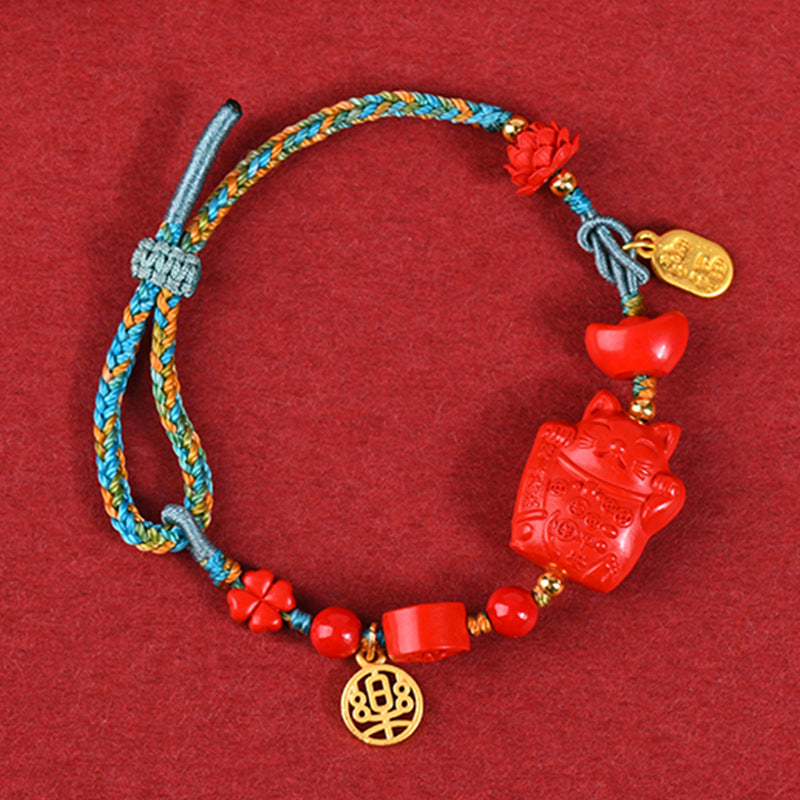 Natural Imperial Red Cinnabar Lucky Cat Adjustable Braided Bracelet for Good Fortune