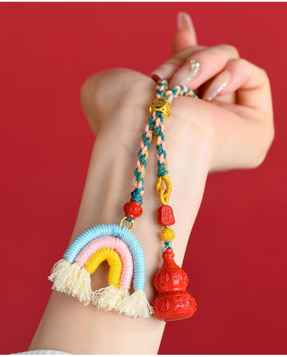 Natural Imperial Red Cinnabar Gourd Rainbow Keychain - Handwoven Protection Pendant for Luck