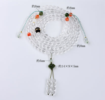 Natural White Crystal 108-Bead Bracelet with Hetian Jade & Red Agate | Buddhist Spiritual Jewelry