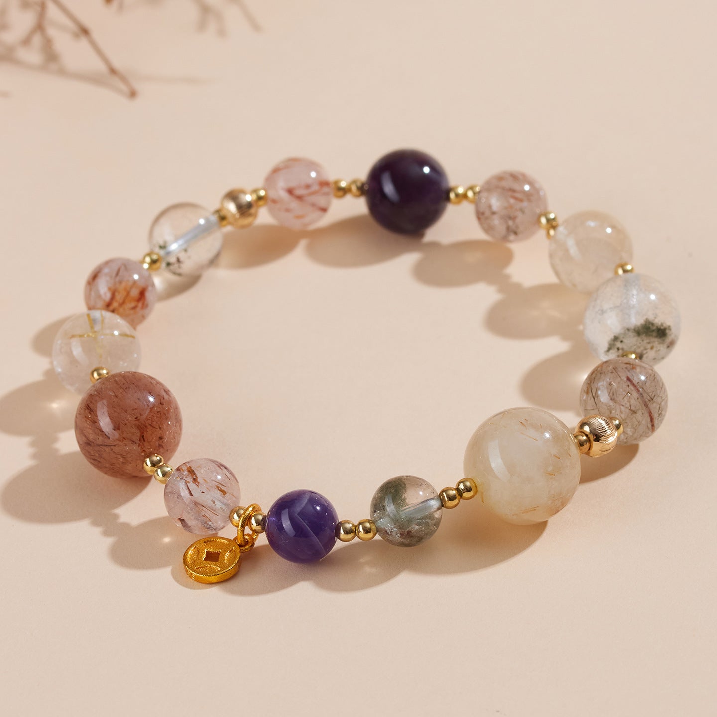Natural Crystal Multi-Gem Bracelet with Amethyst and Golden Rutilated Quartz | Spiritual Protection & Wealth Energy