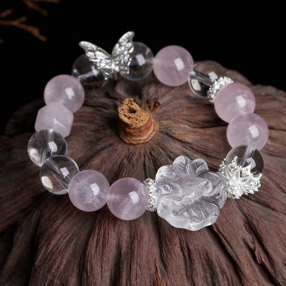 Natural Starlight Pink White Crystal Nine-Tailed Fox Butterfly Bracelet - Mystical Chinese Style Women's Charm