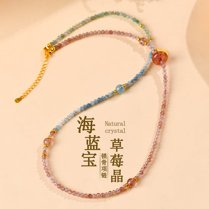 Natural Aquamarine Strawberry Crystal Collarbone Necklace | Elegant Protection & Luck Charm