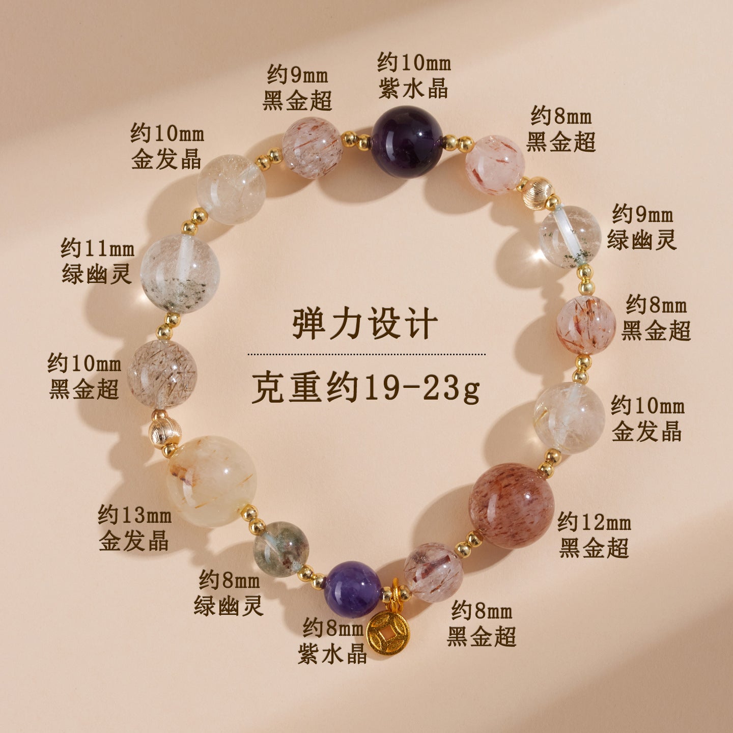Natural Crystal Multi-Gem Bracelet with Amethyst and Golden Rutilated Quartz | Spiritual Protection & Wealth Energy