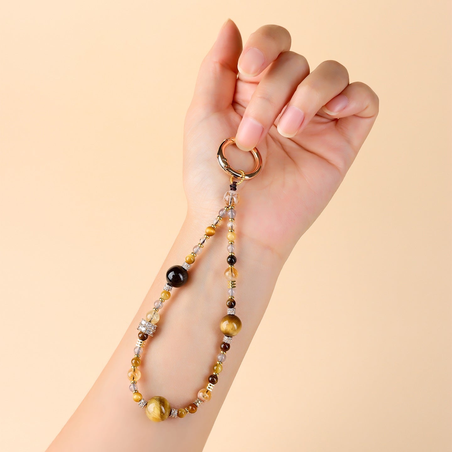 Natural Crystal Tower Keychain with Tiger Eye and Gray Agate - Wealth Protection and Good Luck Charm