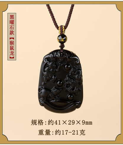 Natural Ice Obsidian Zodiac Triad Pendant Necklace｜Birth Year Protection & Harmony