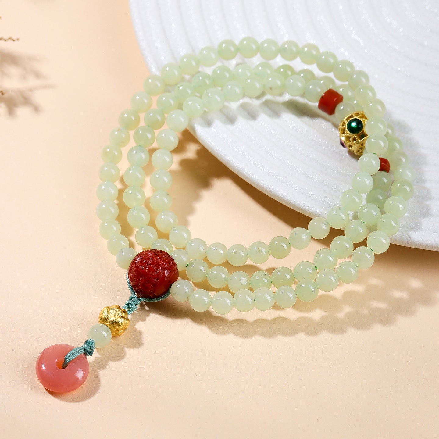 Natural Hetian Jade & Southern Red Agate Three-Circle Bracelet | Peace and Prosperity Buddhist Beads for Women