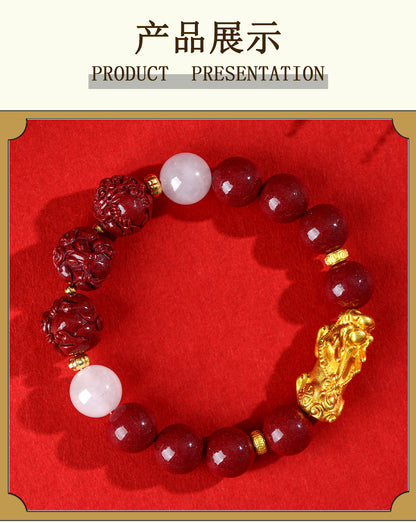 Natural Purple Gold Cinnabar Zodiac Pixiu Bracelet | Wealth Attraction & Protection Talisman