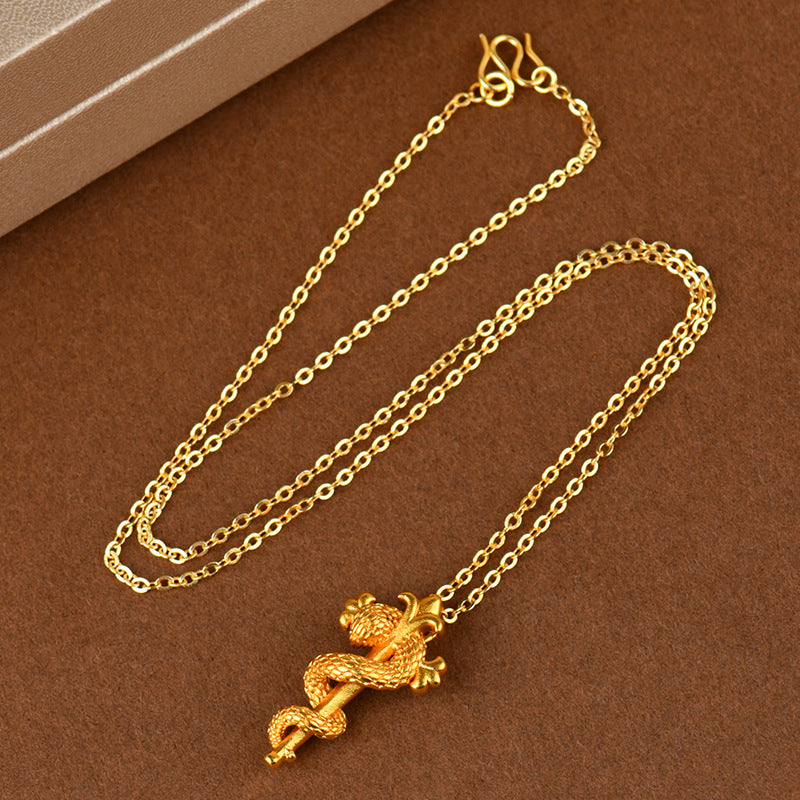 Golden Snake Scepter Pendant Necklace - Chinese Zodiac Snake Year Blessing Chain