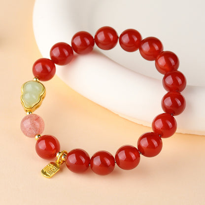Natural Red Agate Strawberry Crystal Gourd Bracelet | Chinese Style Fortune Prosperity Unisex