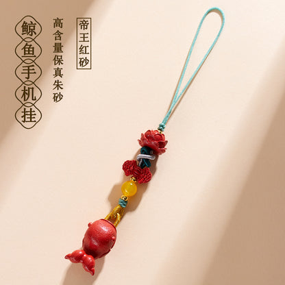 Imperial Red Cinnabar Whale Phone Chain Pendant with Lotus Keychain - Spiritual Guardian & Wealth Attractor