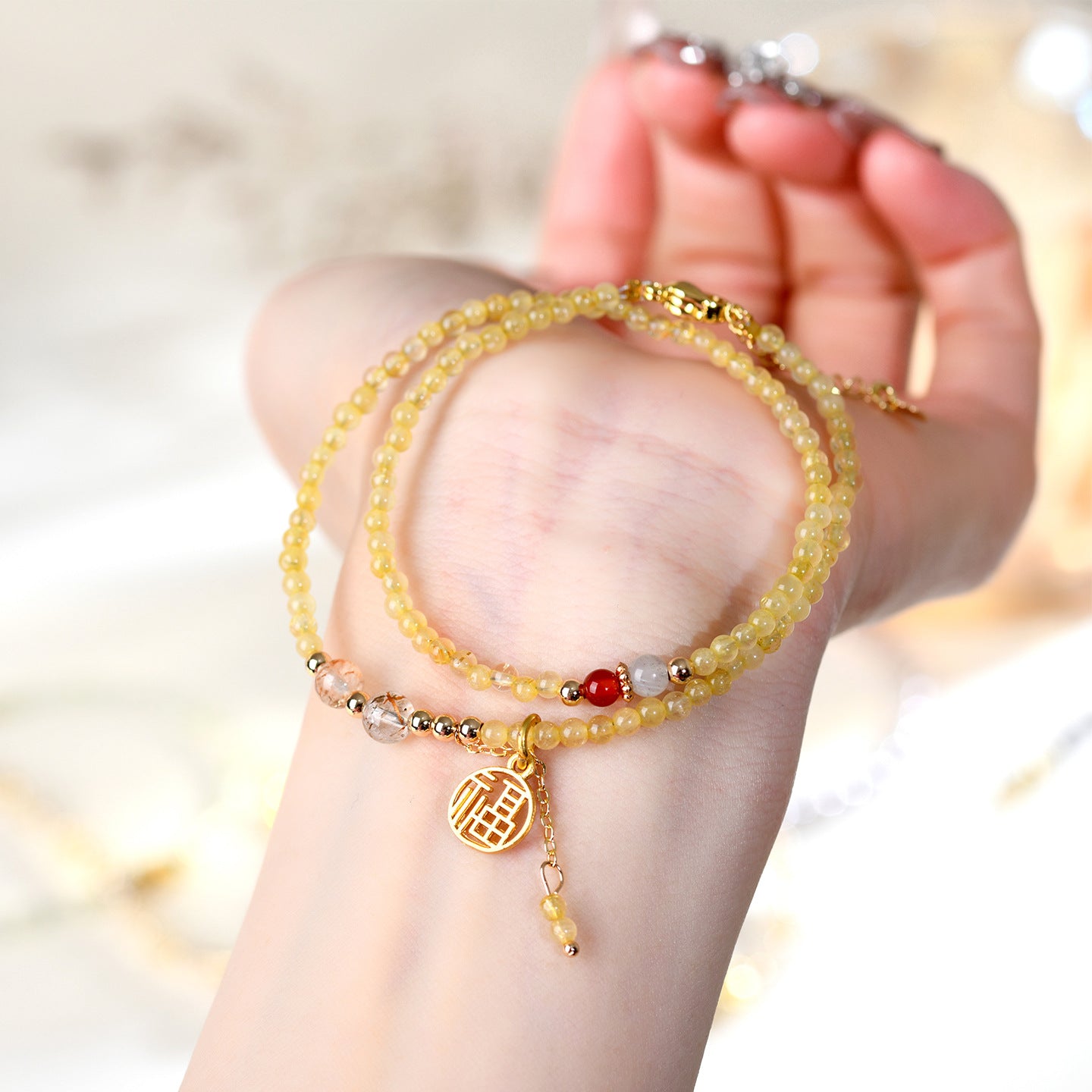 Natural Golden Rutilated Quartz Double Circle Bracelet | Wealth Attraction & Adjustable Mystical Design