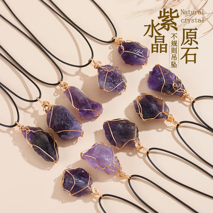 Natural Amethyst Raw Stone Pendant Necklace - Handmade Wire Wrapped Spiritual Jewelry for Protection