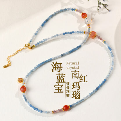 Natural Crystal Aquamarine Southern Red Agate Collarbone Necklace - S925 Silver Elegant Jewelry for Women