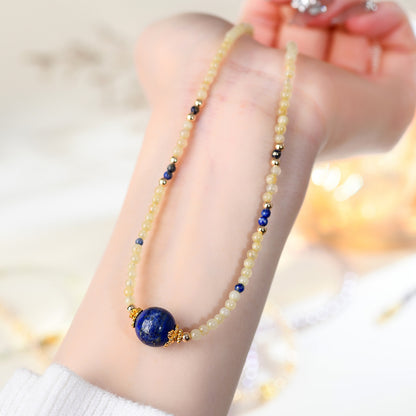 Natural Golden Rutilated Quartz Lapis Lazuli Collarbone Necklace | Wealth & Wisdom Talisman for Women