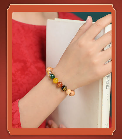 Taishan Peach Wood Zodiac Buddha Wealth God Bracelet - Spiritual Protection & Fortune Amulet