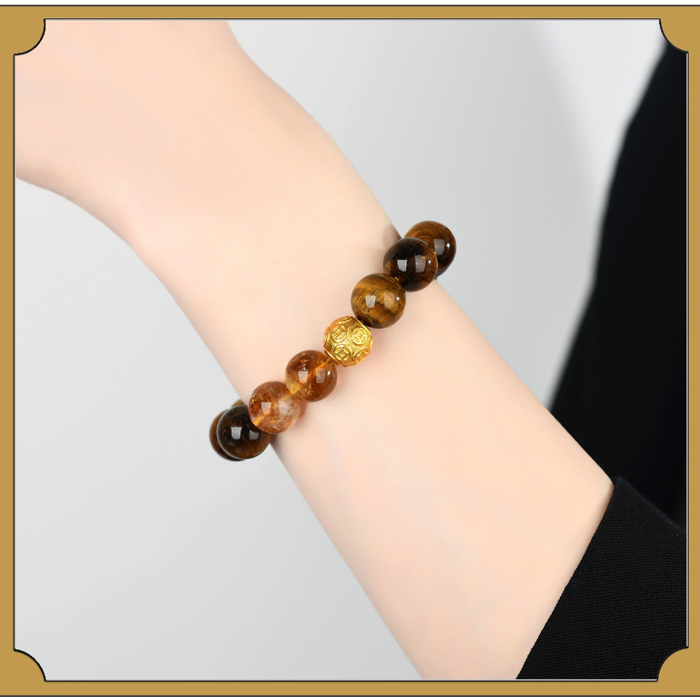 Yellow Tiger Eye Crystal Bracelet with Copper Coin Beads - Chinese Style Lucky Charm