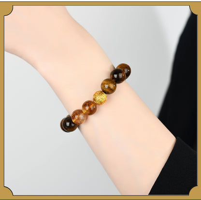 Yellow Tiger Eye Crystal Bracelet with Copper Coin Beads - Chinese Style Lucky Charm