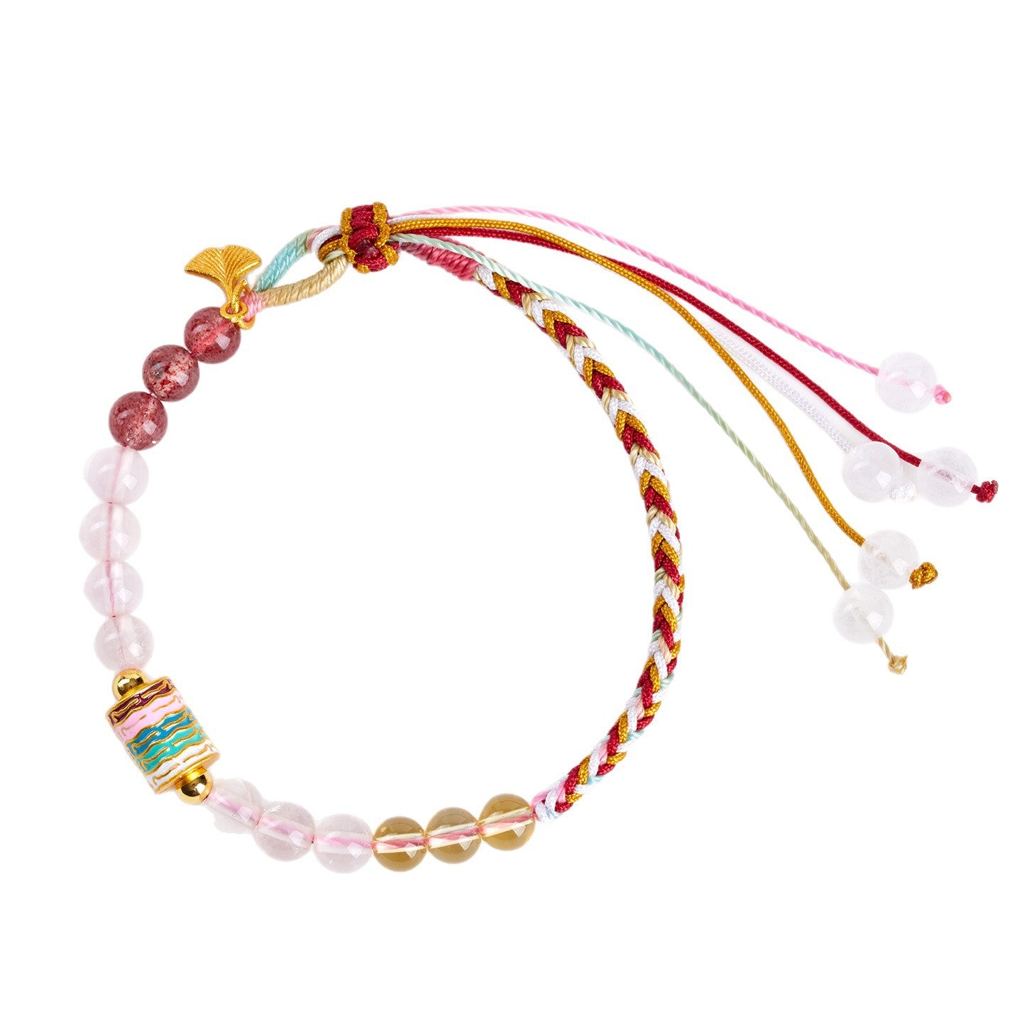 Natural Pink Yellow Strawberry Crystal Woven Bracelet | Harmony Energy & Good Fortune Charm
