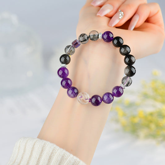 Amethyst Black Rutilated Quartz Capricorn Bracelet - Mystical Zodiac Protection & Wisdom Enhancer