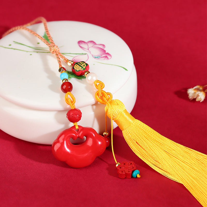 Natural High Content Cinnabar Ruyi Lock Pendant - Auspicious Protection Charm for Car and Bag