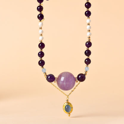 Natural Amethyst Pearl Aquamarine Collarbone Necklace - Spiritual Energy & Elegance