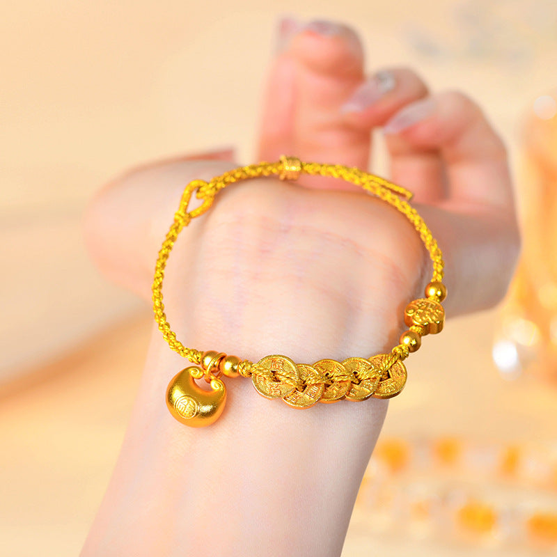 Golden Five Emperors Coin Bracelet with Little Fat Fu Charm - Wealth and Protection Talisman