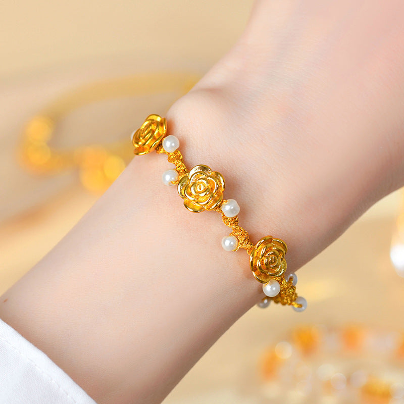 Golden Sand Rose Hand-Woven Bracelet | Ancient French Chinese Style Women's Luck Charm