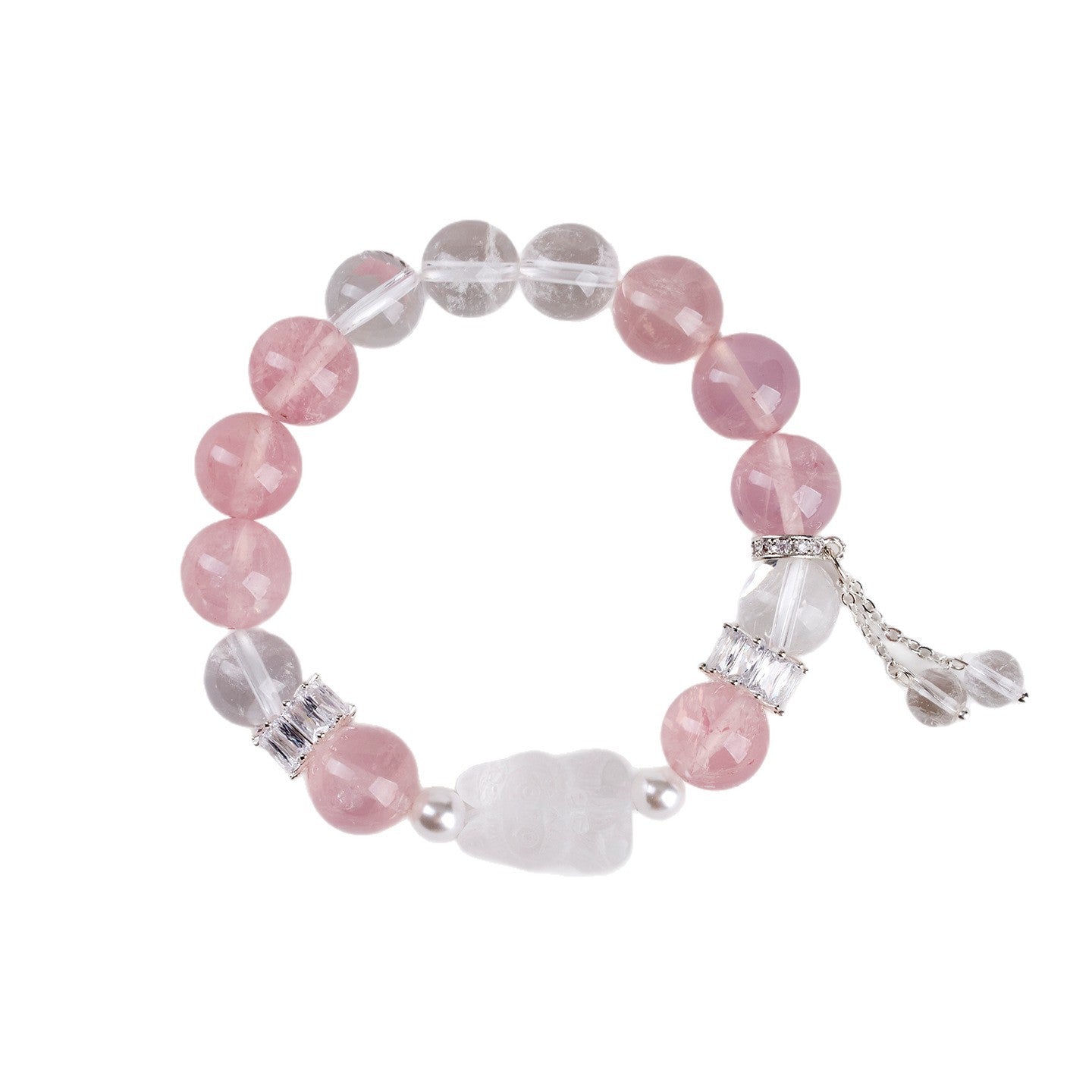 Natural Pink White Crystal LABUBU Bracelet - Peach Aura Love Energy Women's Fashion Jewelry