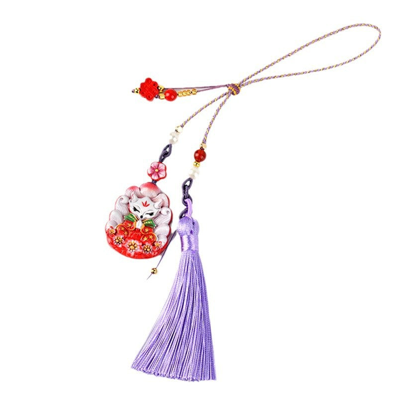 Natural Cinnabar Nine-Tailed Fox Pendant - Mystical Protection & Fortune Keychain