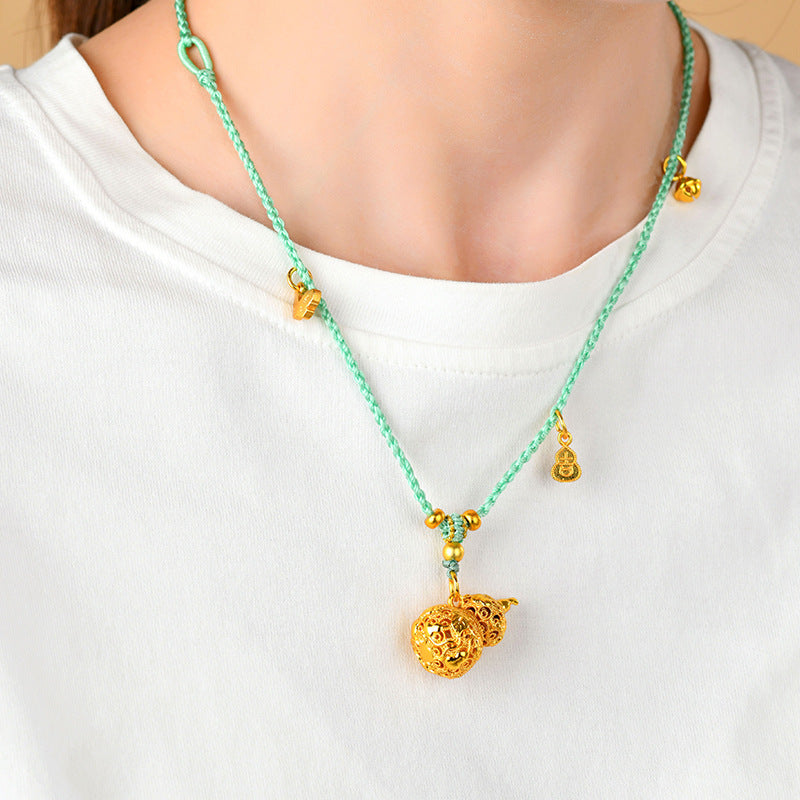 Golden Gourd Hollow Flower Pendant Necklace - Wealth and Prosperity Chinese Style Charm