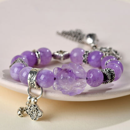 Lavender Amethyst Nine-Tailed Fox Bracelet with Flower Ball Tassel - Artistic Retro Romantic Women's Jewelry