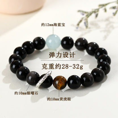 Natural Crystal Silver Obsidian Aquamarine Tiger Eye Bracelet - Women's Mystical Protection & Luck Charm