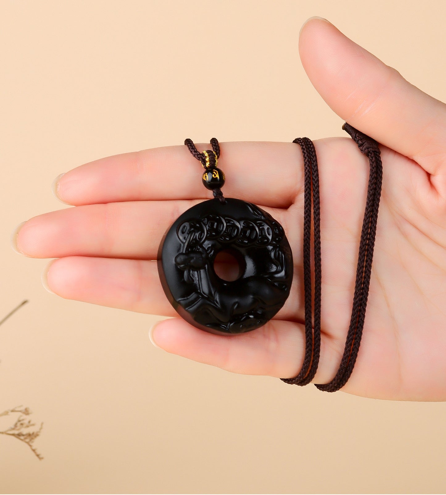 Natural Obsidian Zodiac Peace Buckle Pendant | Spiritual Protection & Fortune Necklace