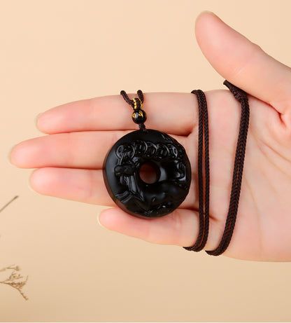Natural Obsidian Zodiac Peace Buckle Pendant | Spiritual Protection & Fortune Necklace