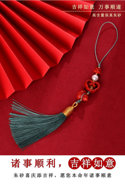 Natural Imperial Red Cinnabar Ruyi Gourd Phone Charm – Protection & Prosperity Talisman