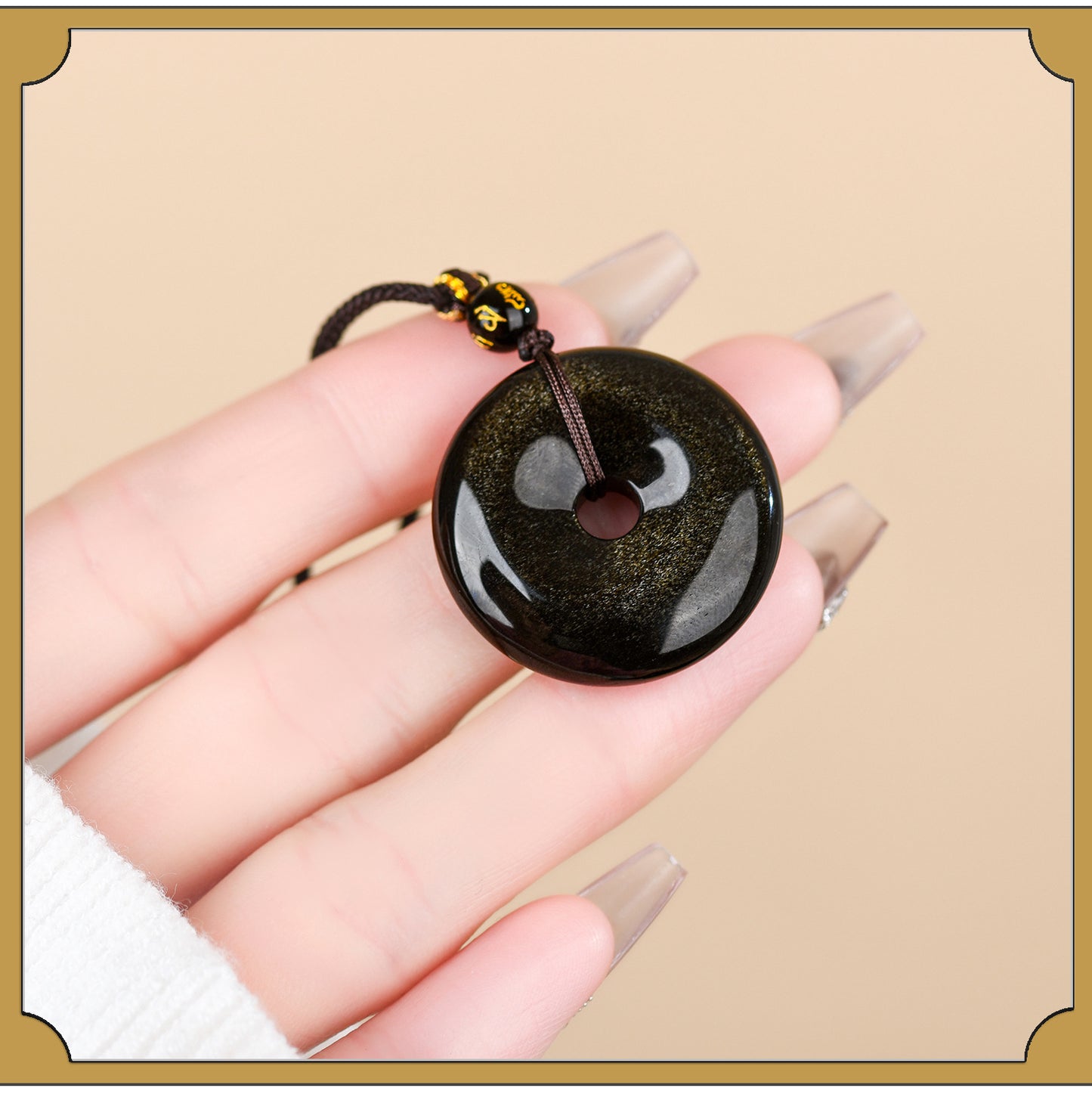 Natural Obsidian White Agate Peace Buckle Pendant - Chinese Style Zodiac Harmony Necklace