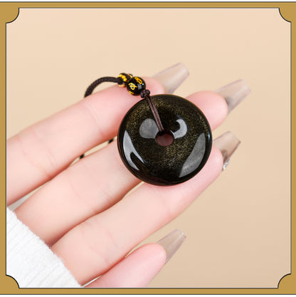 Natural Obsidian White Agate Peace Buckle Pendant - Chinese Style Zodiac Harmony Necklace