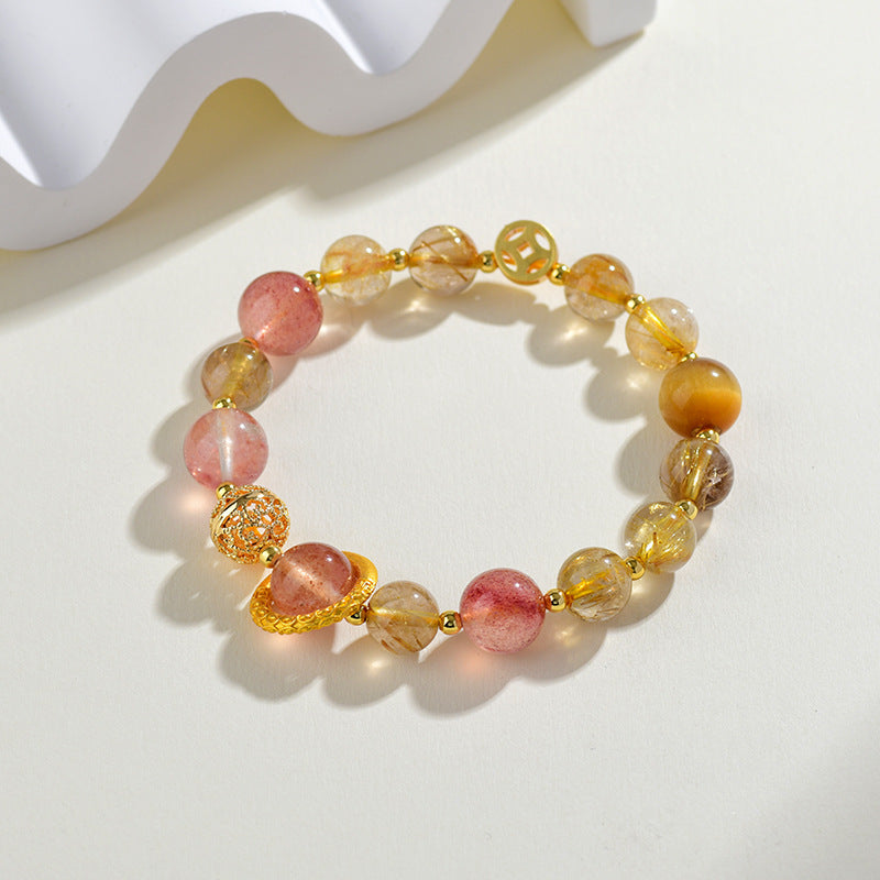 Natural Yellow Rutilated Strawberry Quartz Taurus Crystal Bracelet for Women