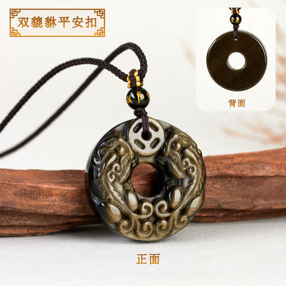 Natural Black Ice Obsidian Double Pixiu Pendant Necklace - Wealth & Protection Talisman