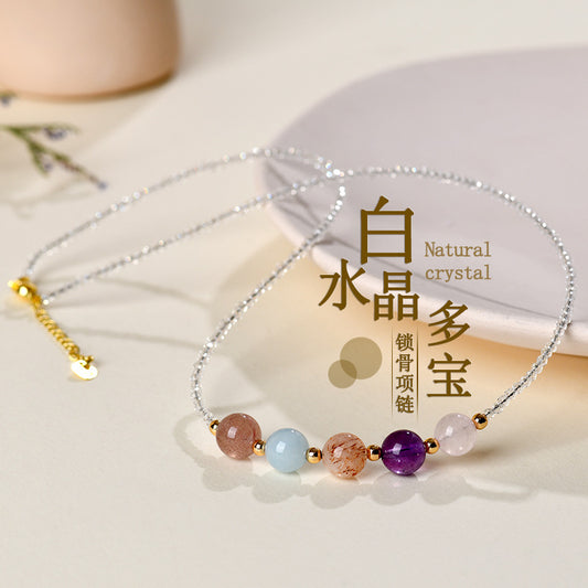 Natural Crystal Multi-Gem Collarbone Necklace with Strawberry Quartz and Aquamarine | Spiritual Energy Jewelry