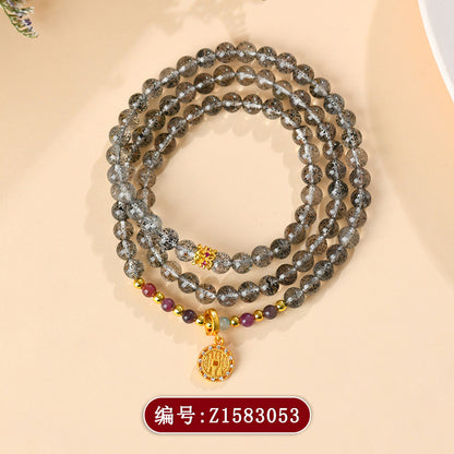 Natural Black Strawberry Quartz Tourmaline Three-Circle Bracelet | Mystical Protection & Harmony