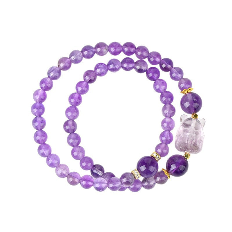 Natural Amethyst Nine-Tailed Fox Double Circle Bracelet - Mystical Chinese Style Women's Jewelry