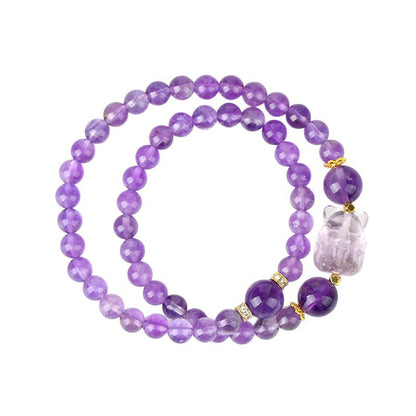 Natural Amethyst Nine-Tailed Fox Double Circle Bracelet - Mystical Chinese Style Women's Jewelry