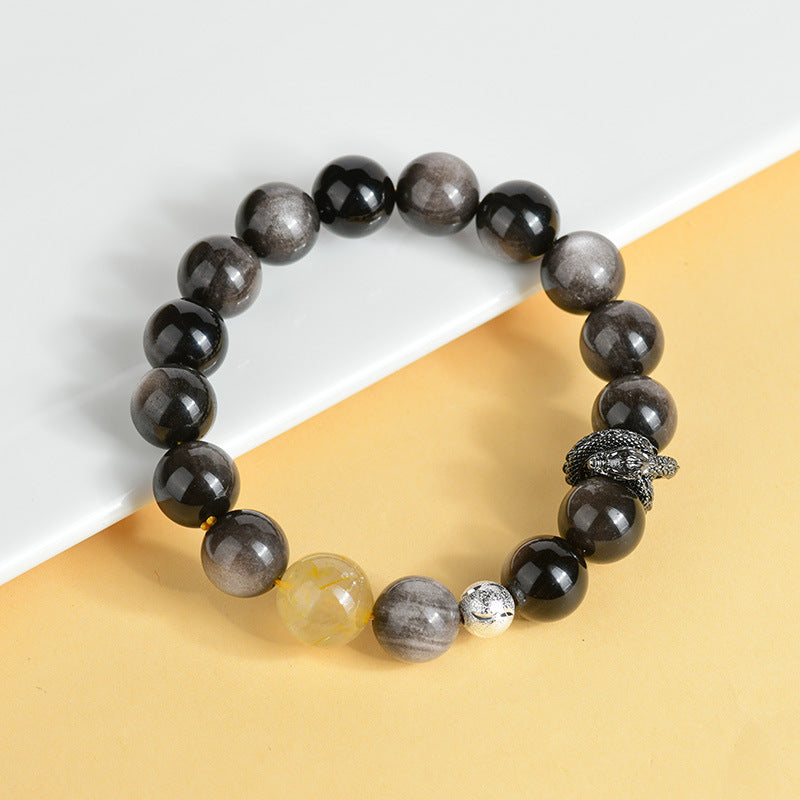 Natural Silver Obsidian Dragon Bracelet - Chinese Zodiac Protection & Couple Harmony