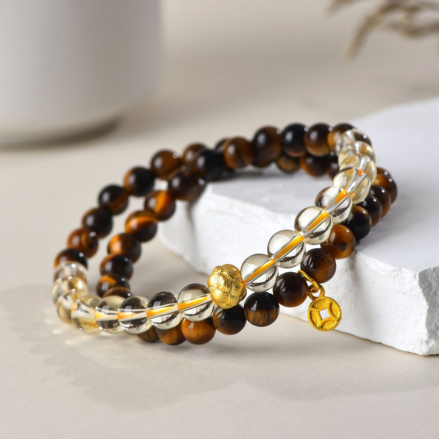 Natural Yellow Tiger Eye Double Circle Bracelet | Buddhist Bead for Women's Protection and Fortune