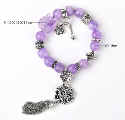 Lavender Amethyst Nine-Tailed Fox Bracelet with Flower Ball Tassel - Artistic Retro Romantic Women's Jewelry