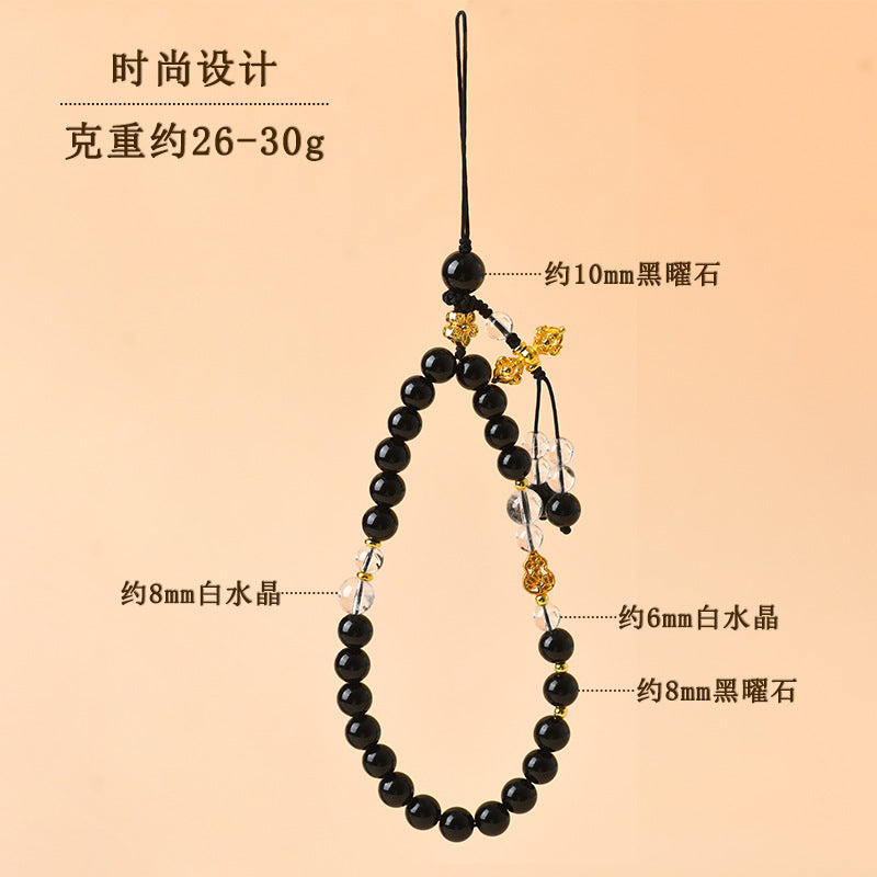 Natural Obsidian White Crystal Phone Charm Pendant | Chinese Retro Style Temple Blessing Ornament