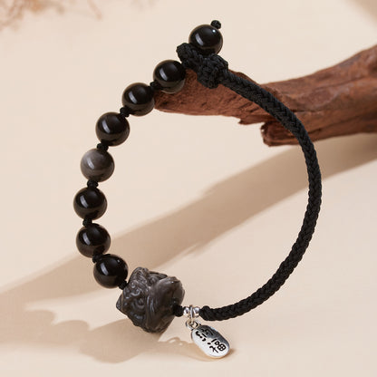Silver Obsidian Lion Awakening Handwoven Bracelet - Courage Protection Amulet